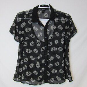 Torrid Black Sheer Skull Print Button Up Blouse  Womens 1X Plus Open Back Goth